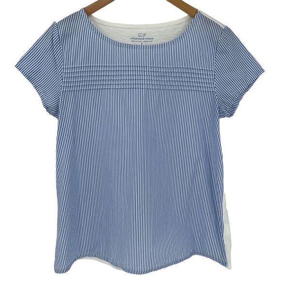 Vineyard Vines Stripe Pleated Short Sleeve Shirt Preppy Women Small Blue White - Picture 1 of 5